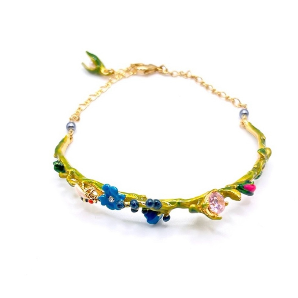 Les Nereides  Les Néréides handcrafted enamel flowers pink crystal bracelet NWOT